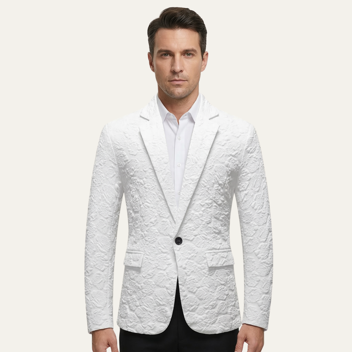Men's white slim-fit textured blazer with flap pockets and dark button