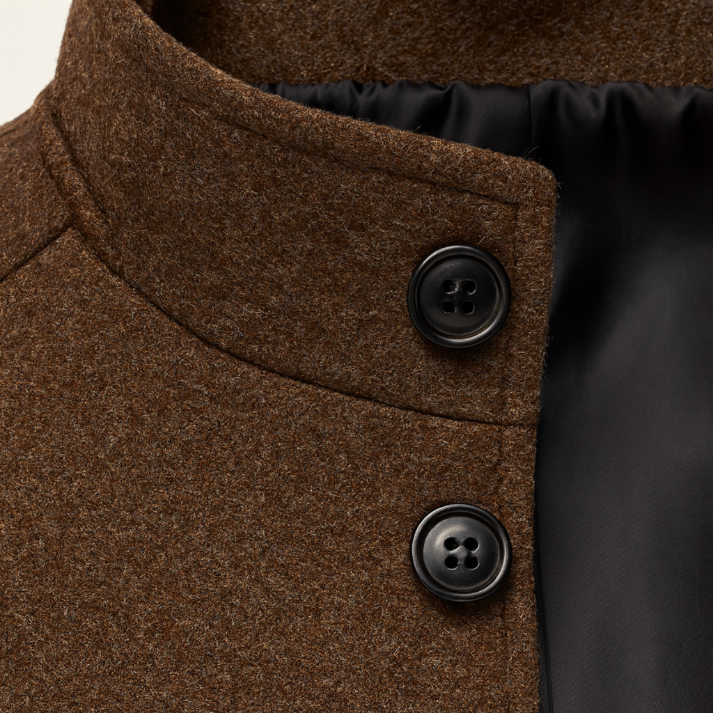 Brown coat collar detail with two dark buttons and inner warm lining