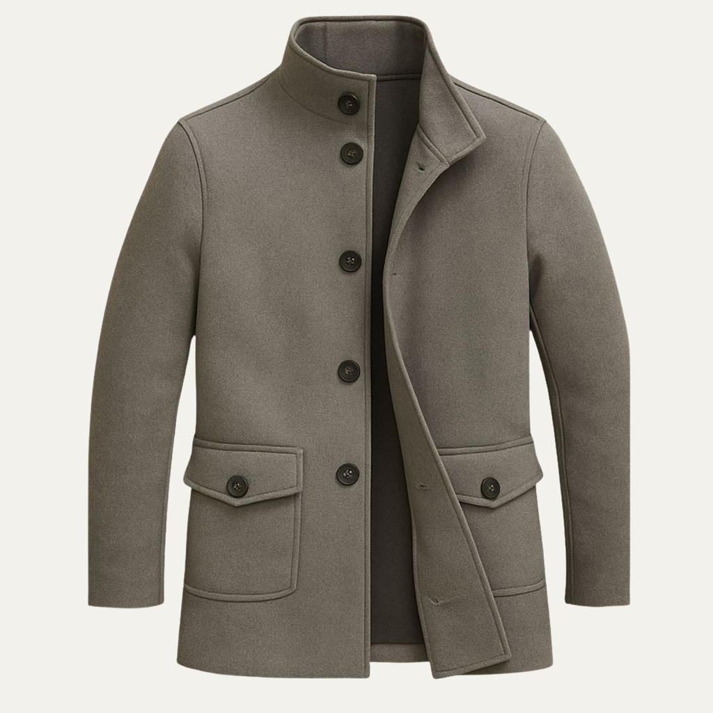 Men's gray wool overcoat with stand collar, button front, and flap chest pockets