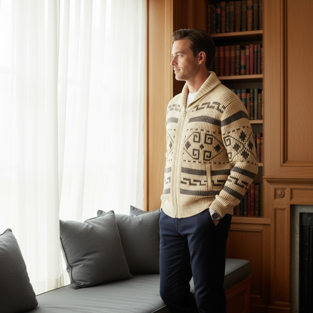 Men's khaki Aztec-pattern shawl-collar zip cardigan with ribbed knit cuffs
