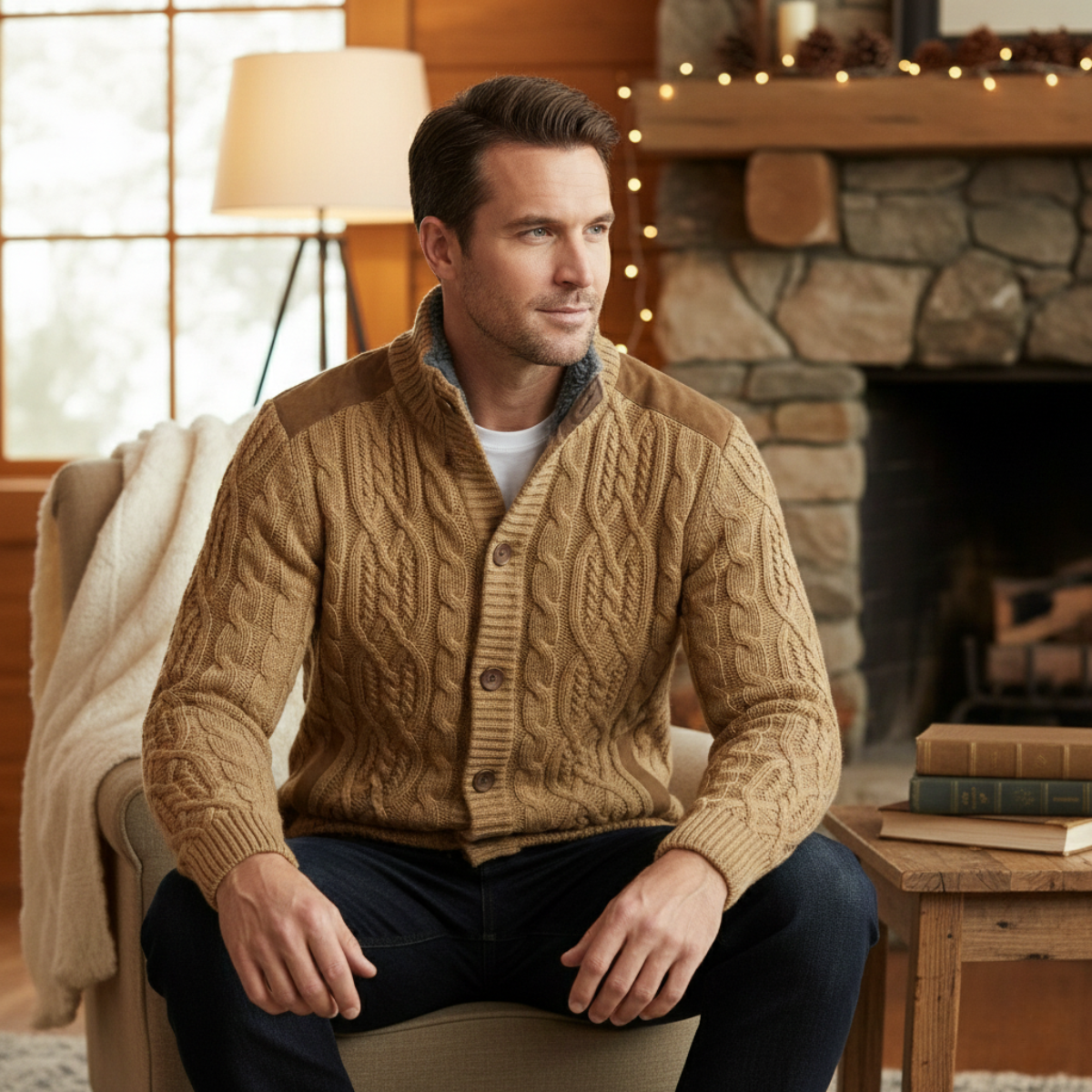 Men's fleece-lined wool cardigan, tan cable-knit, button front, gray sherpa lining visible