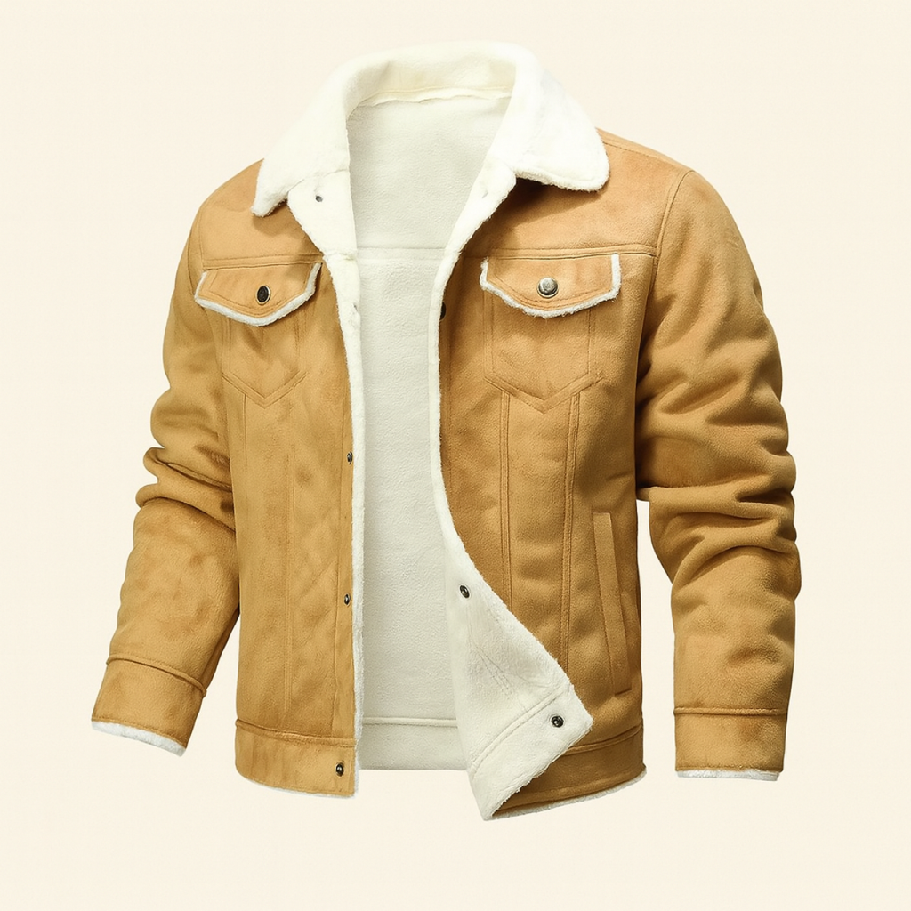 Men's khaki suede sherpa-lined jacket with open front, white sherpa lining and chest pockets