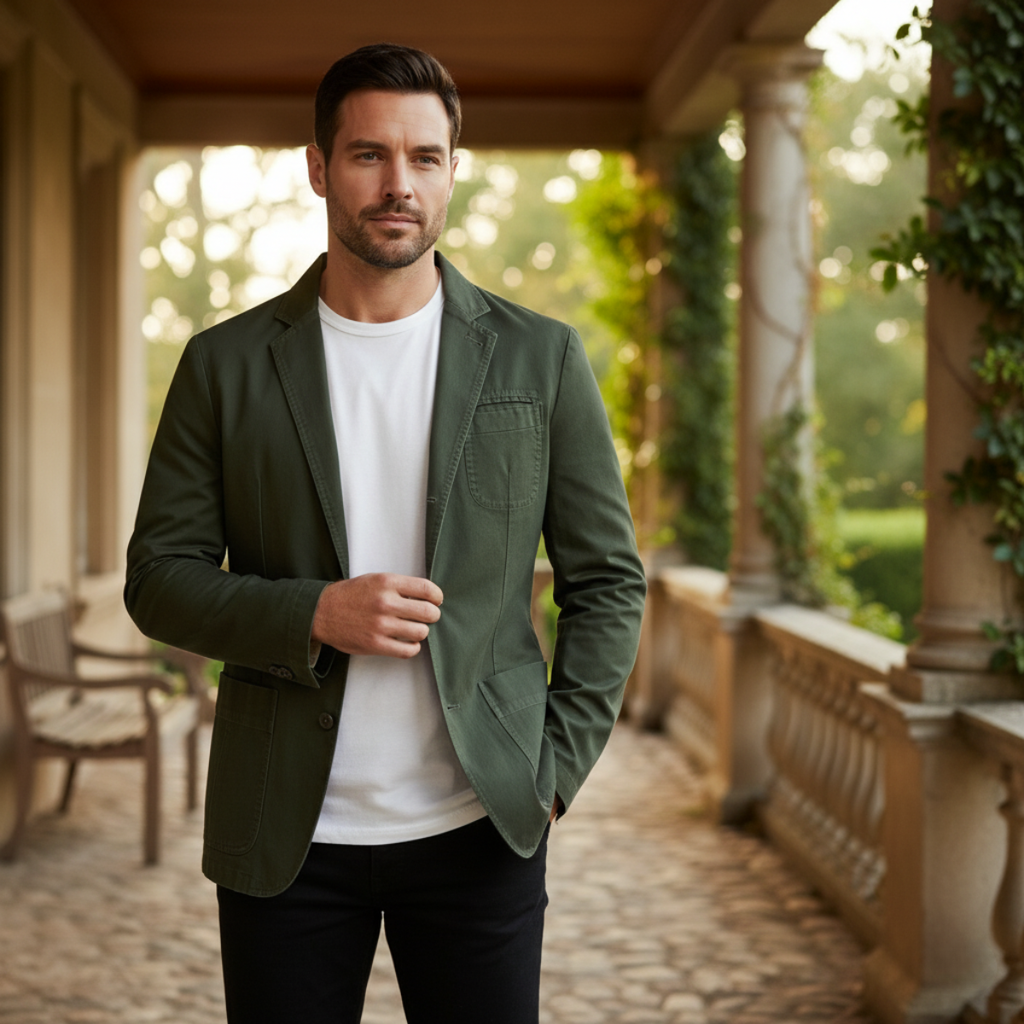 Lightweight men’s jacket in army green with notch lapel and chest pocket