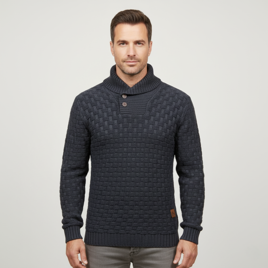 Men's dark gray chunky knit sweater with button placket and ribbed collar