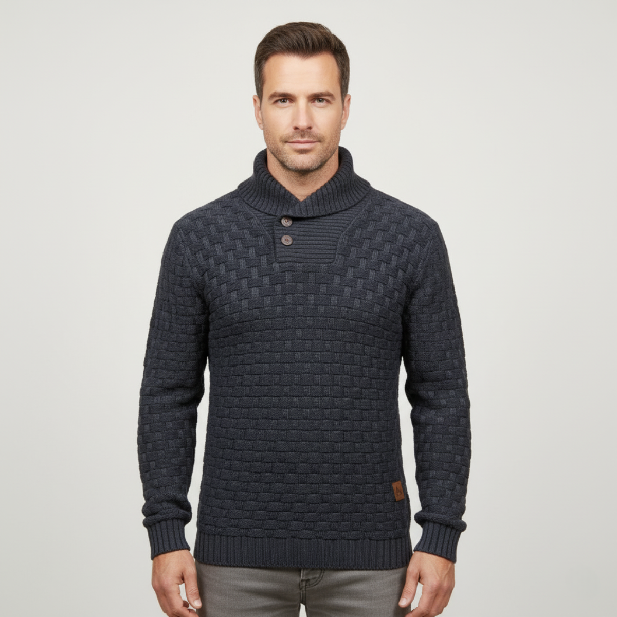 Men's dark gray chunky knit sweater with button placket and ribbed collar
