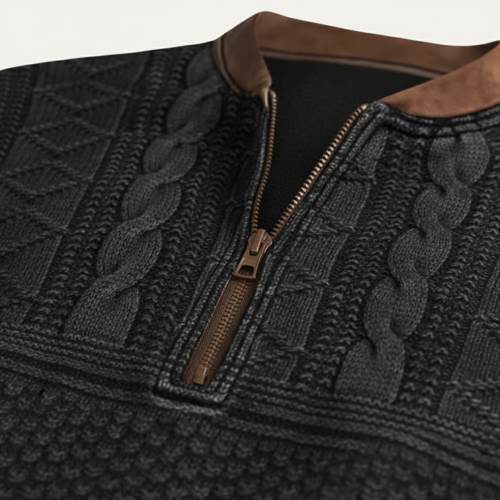 Men's patterned half-zip sweater with brown zipper and ribbed knit collar