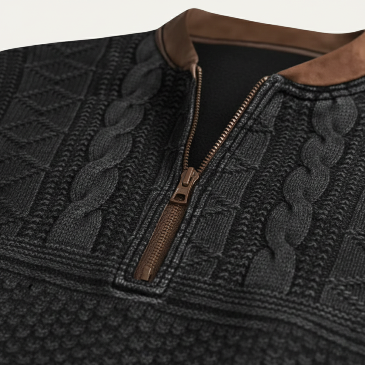 Men's patterned half-zip sweater with brown zipper and ribbed knit collar