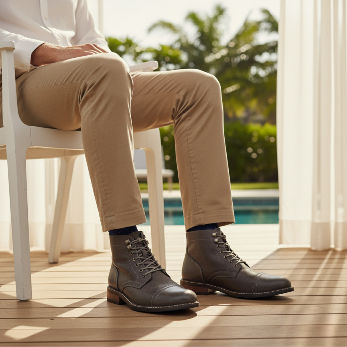 Men’s gray lace-up ankle boots with faux leather and padded collar, low block heel