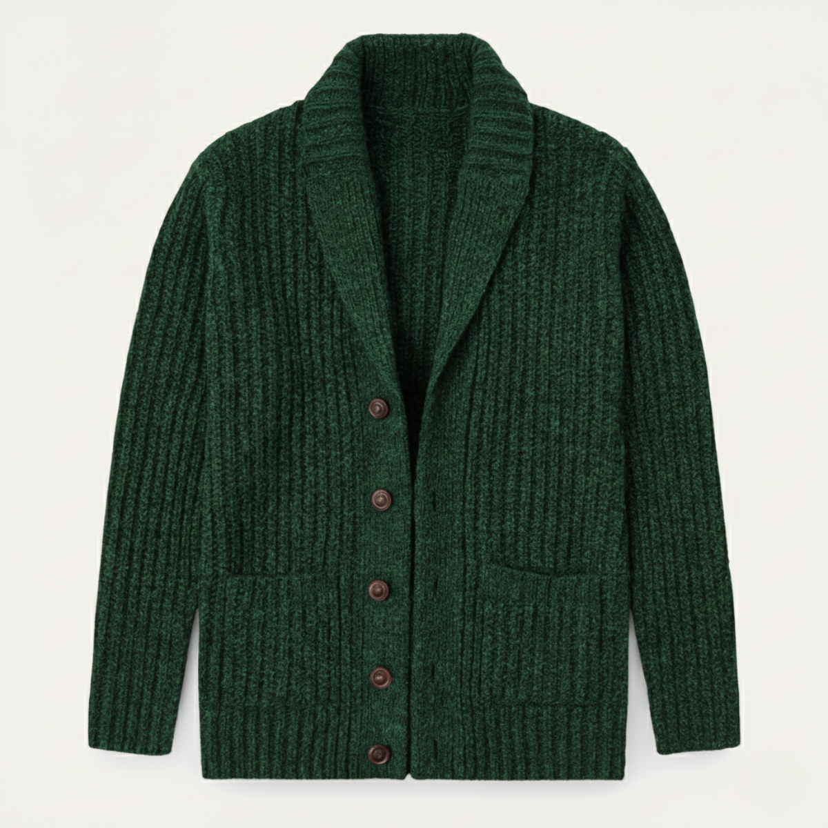 Green chunky knit shawl-collar cardigan with button front and patch pockets