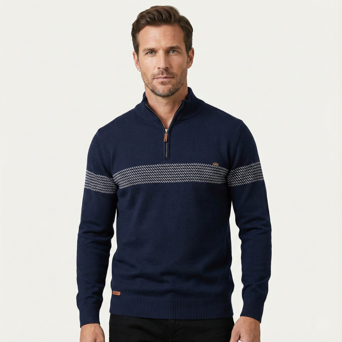 Men's navy knit half-zip sweater with stand collar and horizontal patterned stripe