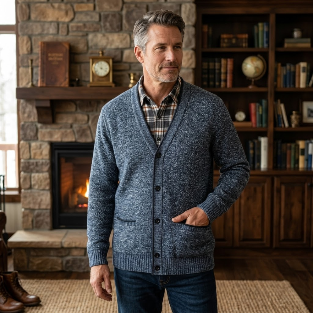 Men's blue heather knit button cardigan worn with button placket and V-neck