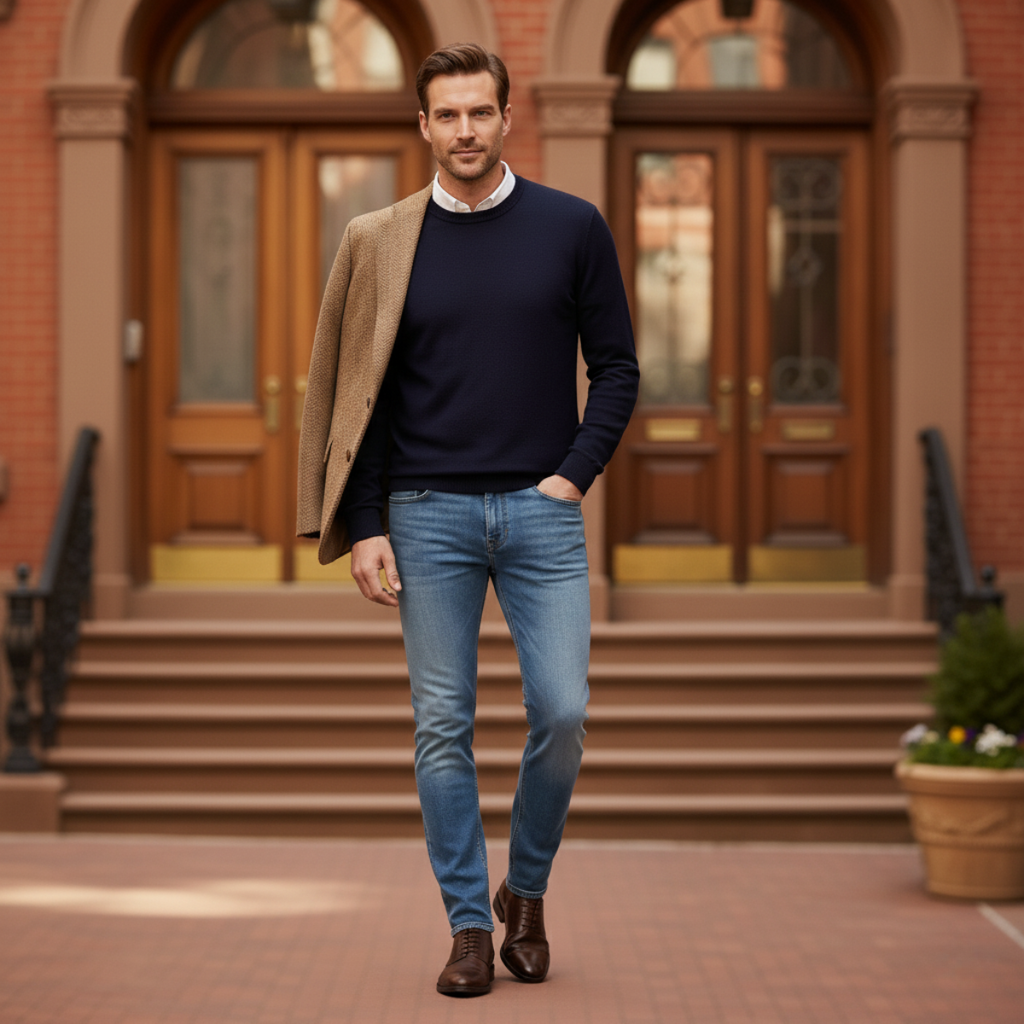 Men's light blue stretch slim-fit skinny jeans, five-pocket design