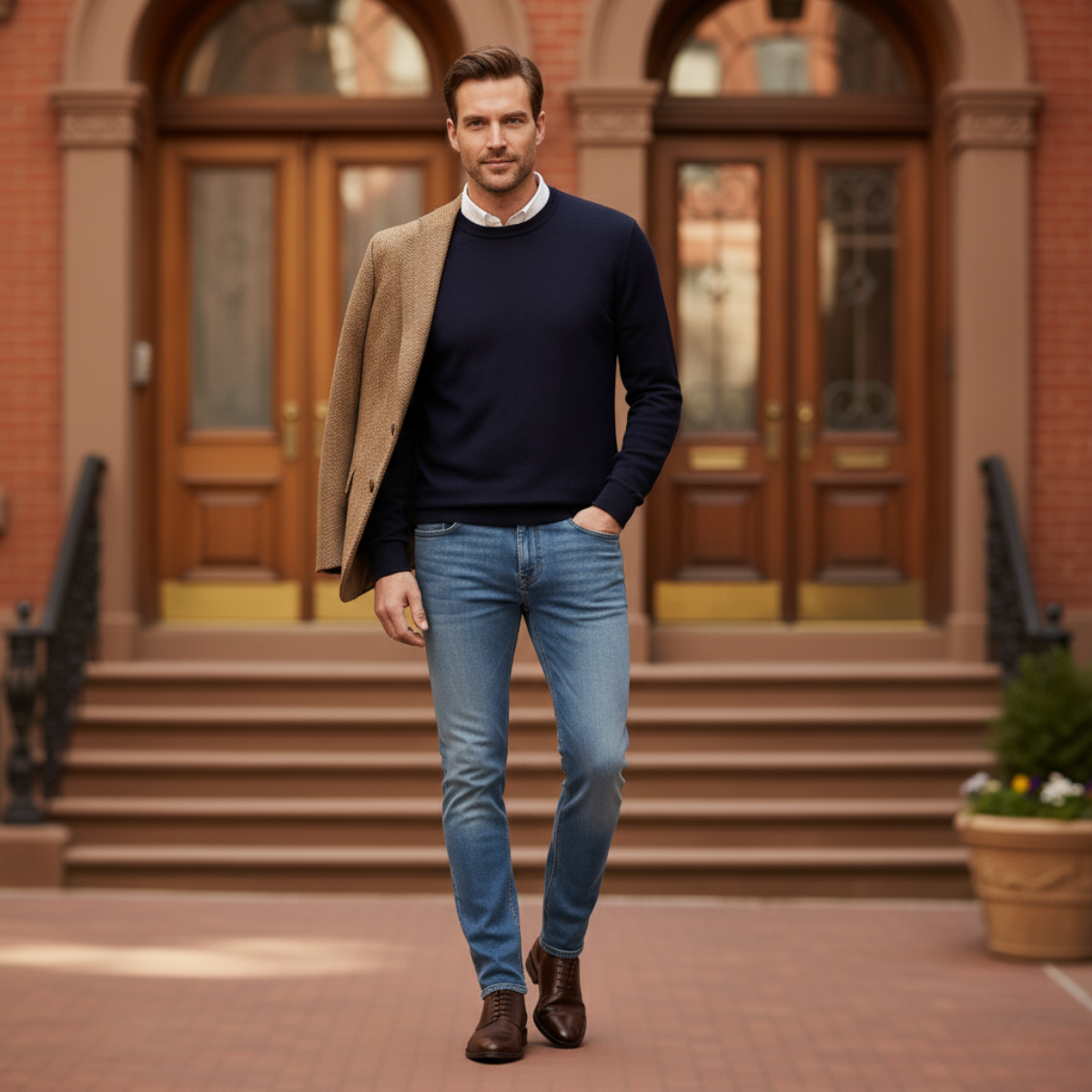 Men's light blue stretch slim-fit skinny jeans, five-pocket design