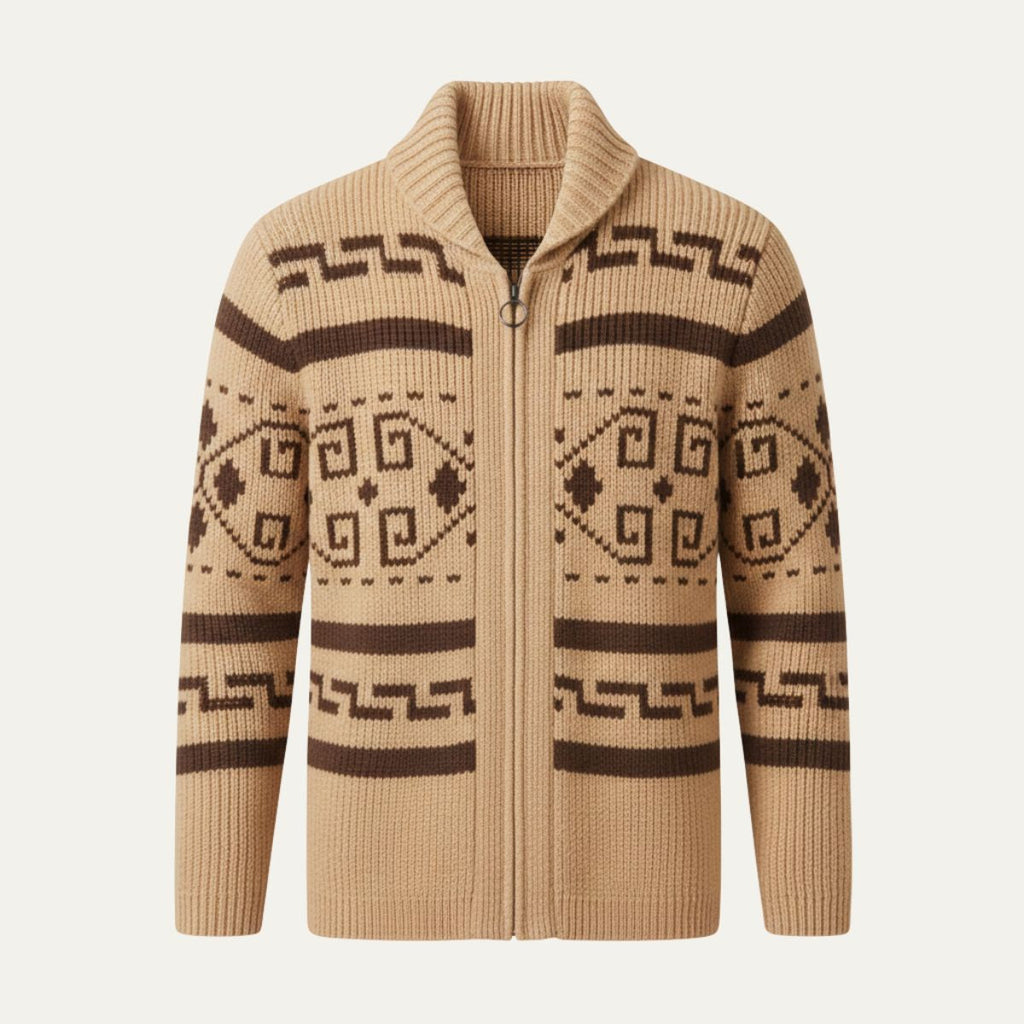 Khaki knit cardigan with shawl collar, zip front, and geometric fair isle pattern