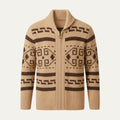 Khaki knit cardigan with shawl collar, zip front, and geometric fair isle pattern