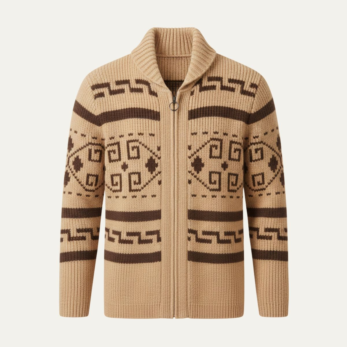 Khaki knit cardigan with shawl collar, zip front, and geometric fair isle pattern