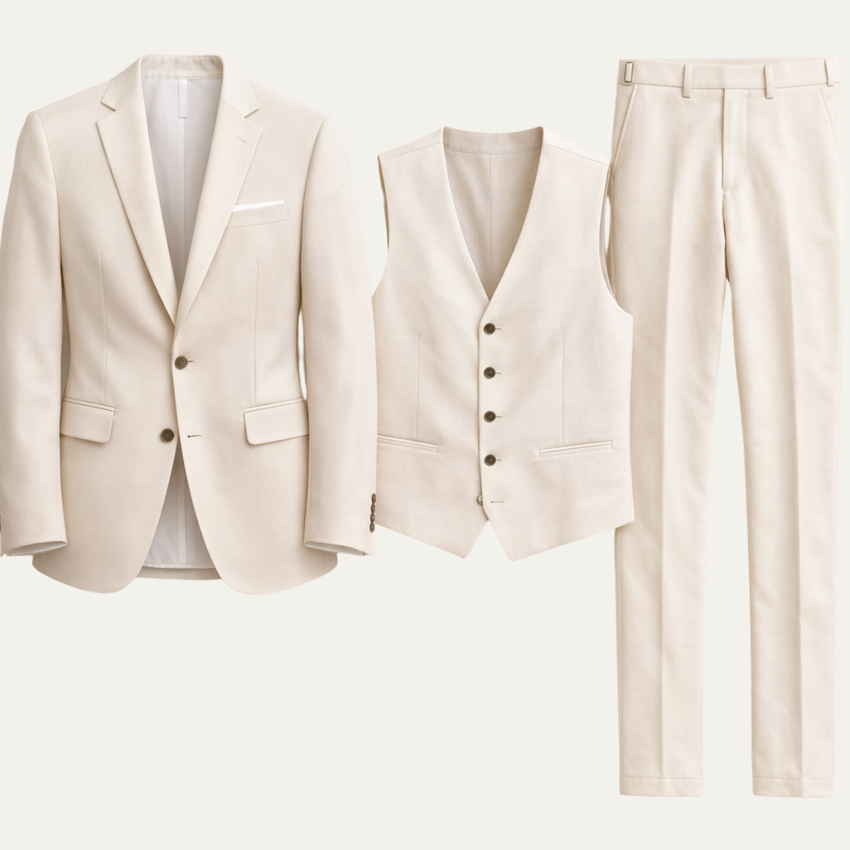 Men's beige 3-piece suit set with blazer, waistcoat, and tailored trousers