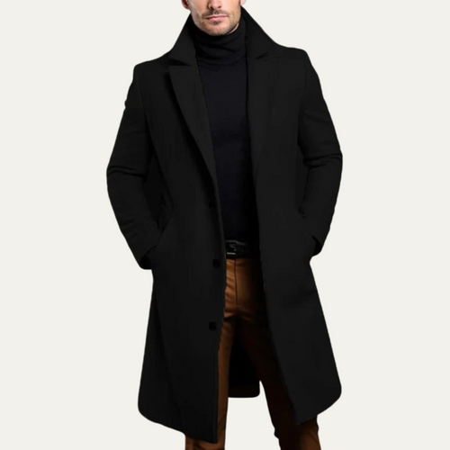 Men's black wool long overcoat, single-breasted with notch lapels and pockets