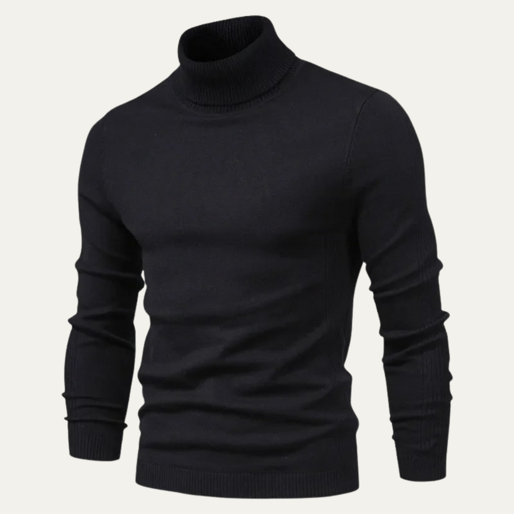Men's slim fit black turtleneck sweater with long sleeves and ribbed hem