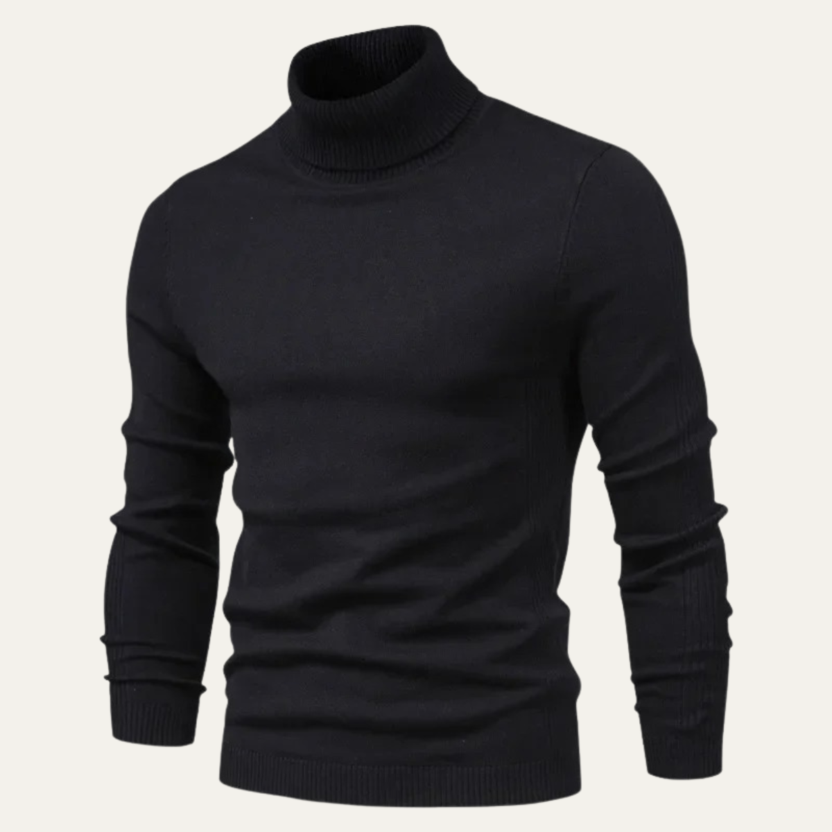 Men's slim fit black turtleneck sweater with long sleeves and ribbed hem