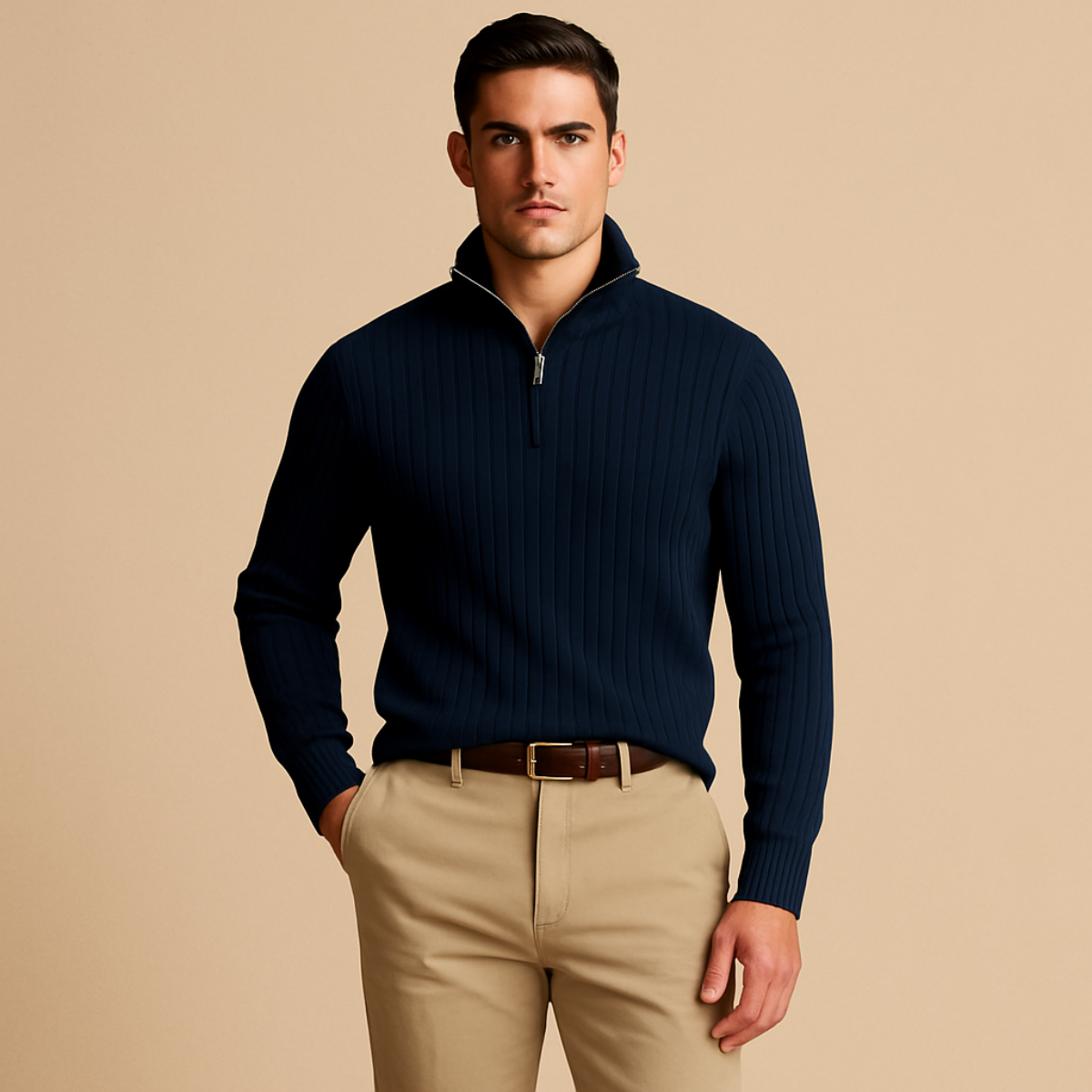 Men's ribbed half-zip sweater in navy blue, long sleeves with half-length zipper.