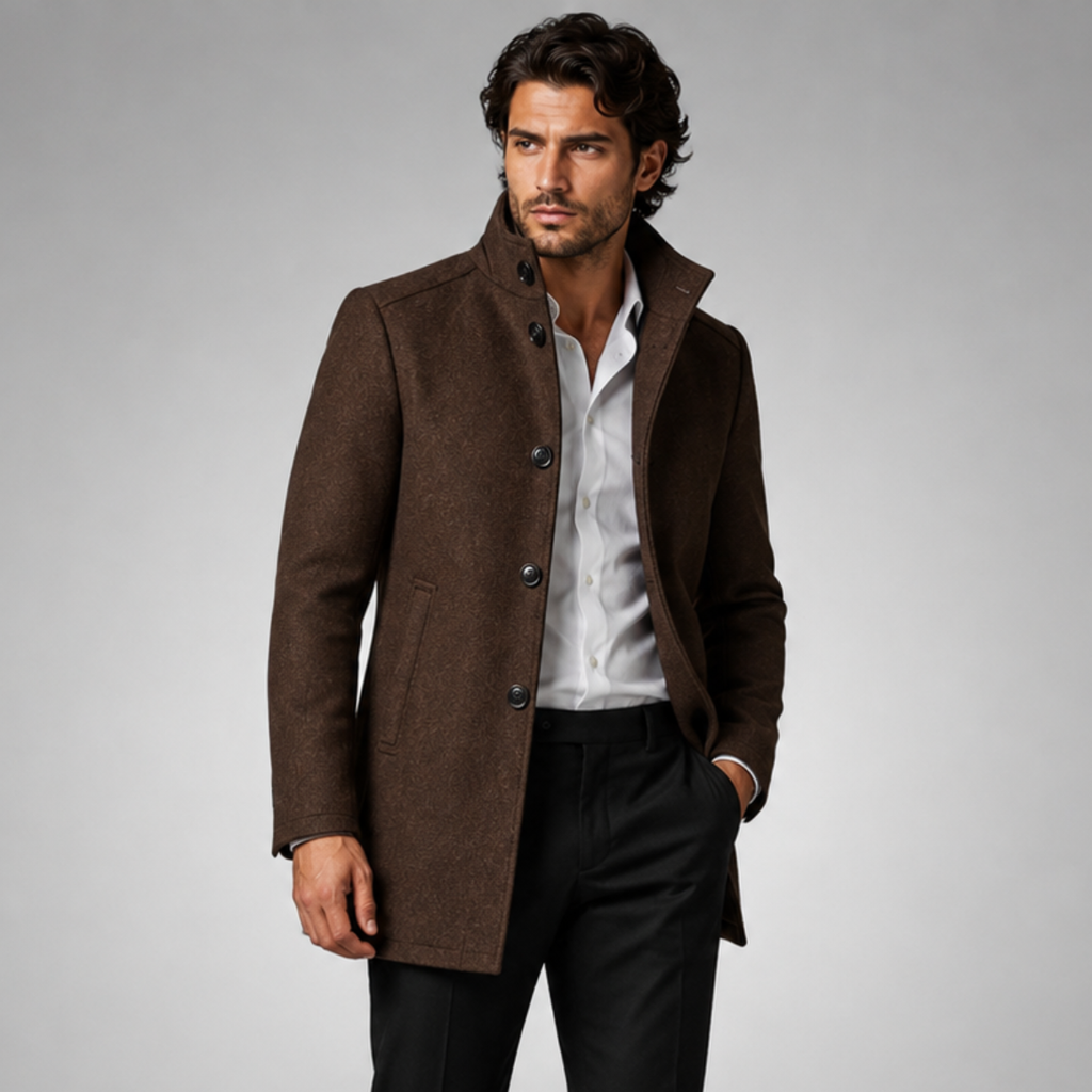 Men's brown wool-blend coat with warm lining, notch lapels, and button front