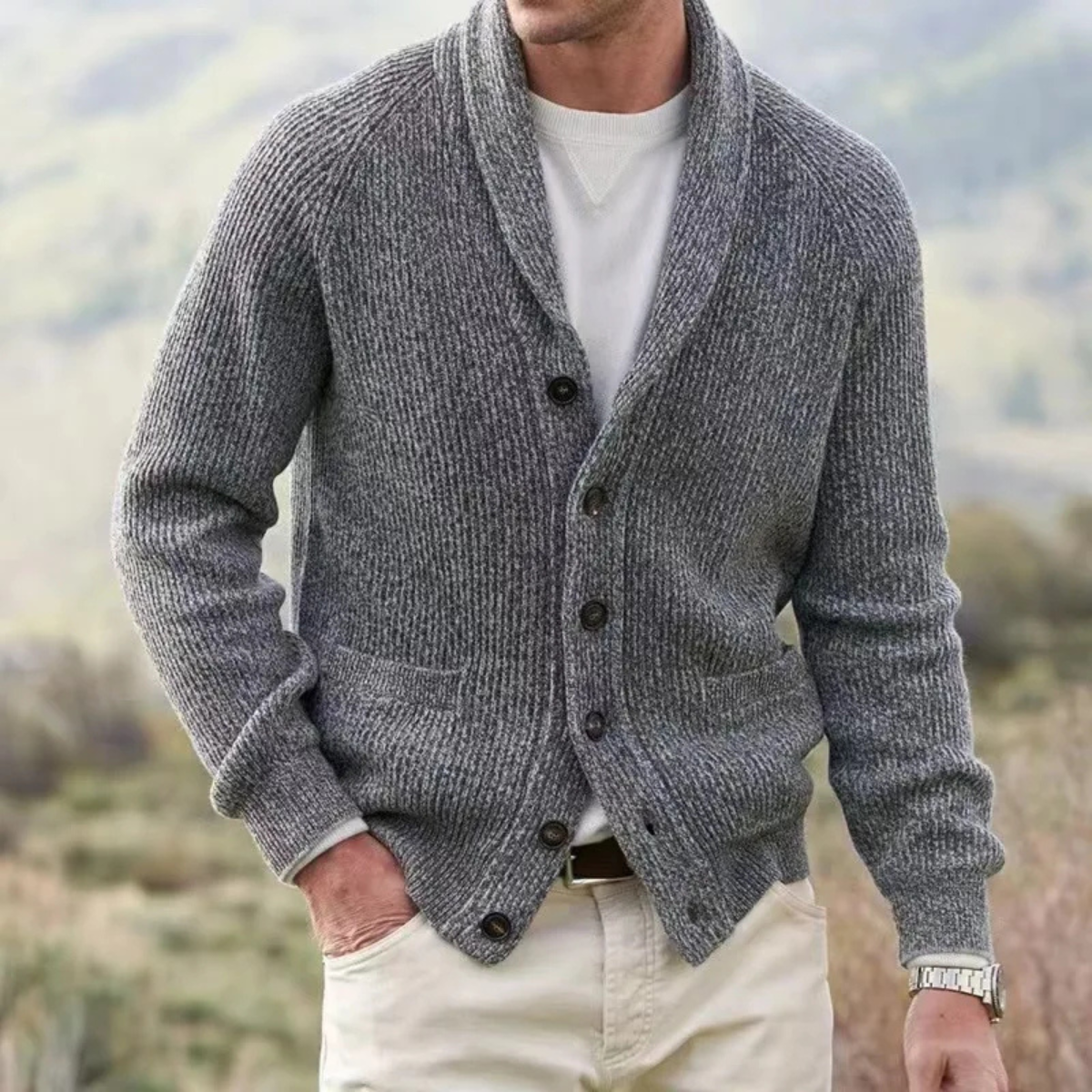 Men's warm knitted cardigan, gray, turn-down collar, button front, patch pockets