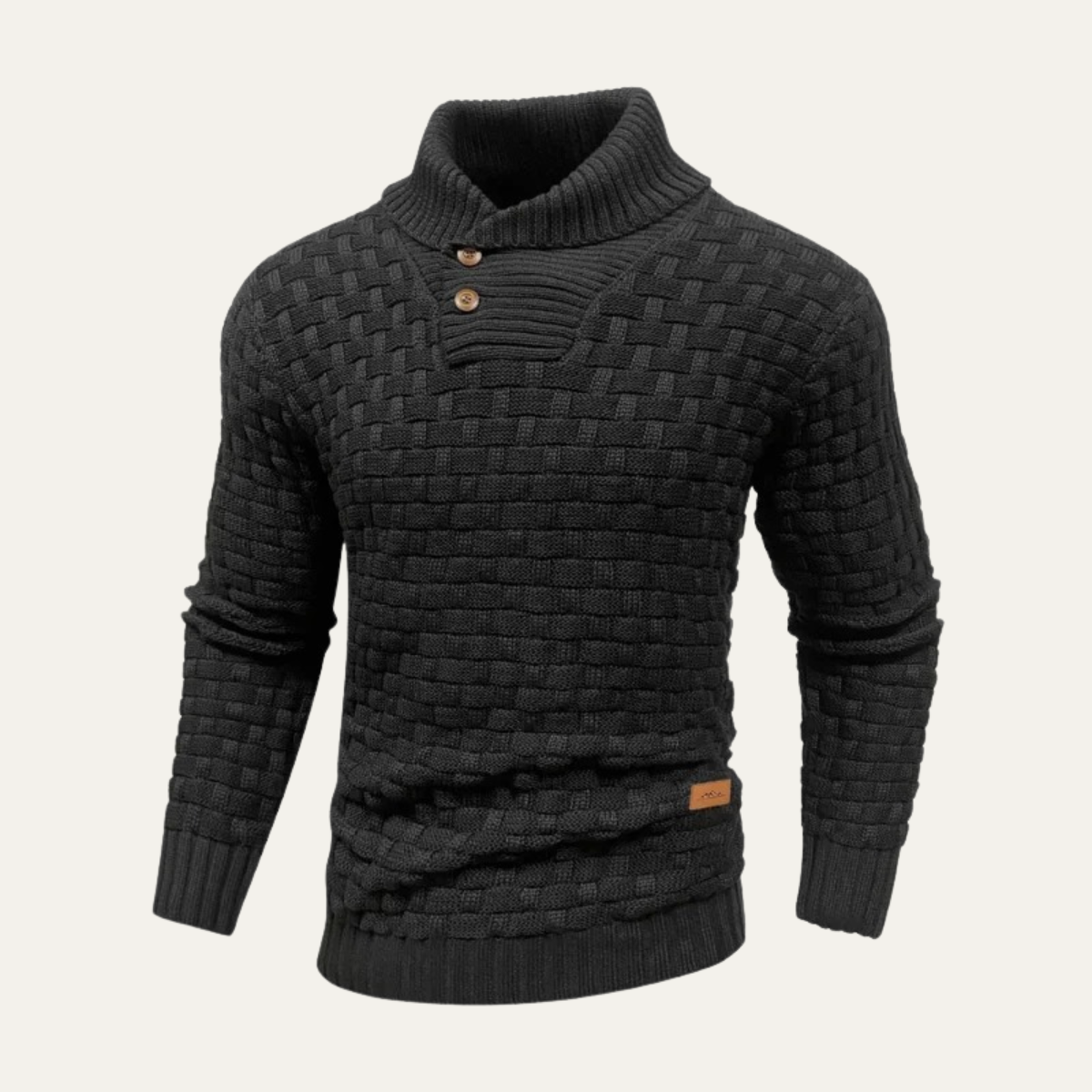 Men’s textured knit winter sweater, dark color, mock neck with 2-button placket