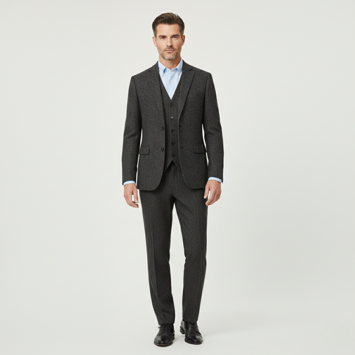 Men's dark gray tweed herringbone 3-piece suit, slim fit, with vest