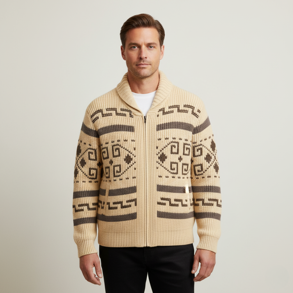 Men's khaki Aztec-pattern shawl-collar cardigan with front zipper and ribbed knit
