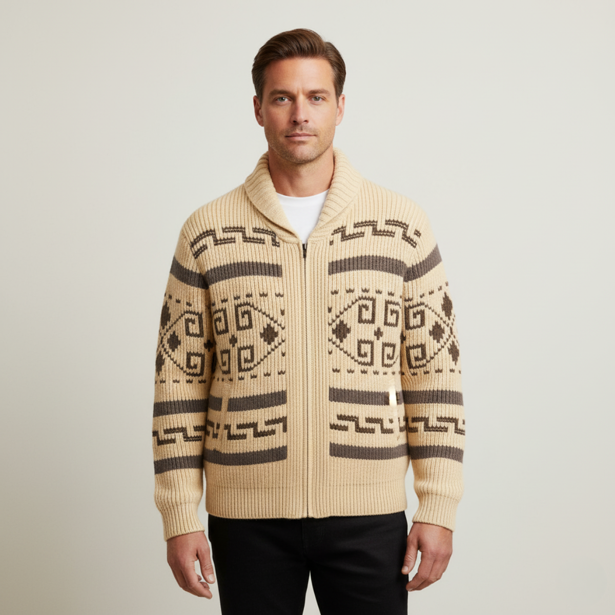 Men's khaki Aztec-pattern shawl-collar cardigan with front zipper and ribbed knit