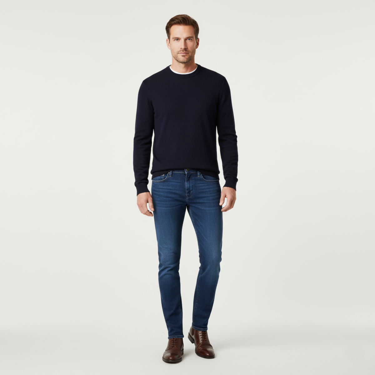 Men's slim-fit skinny jeans, dark blue denim on-model with straight slim legs