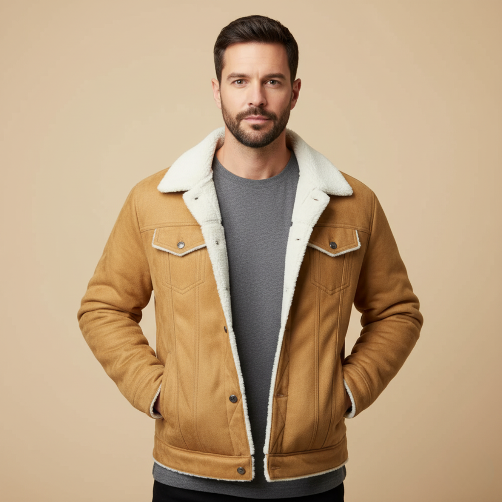 Men's khaki suede sherpa-lined jacket, sherpa collar, button front, chest pockets