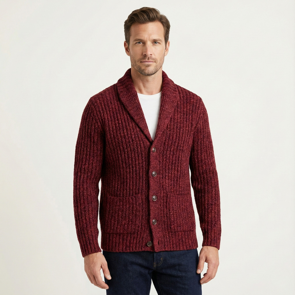 Red chunky knit cardigan with shawl collar, button placket, and patch pockets