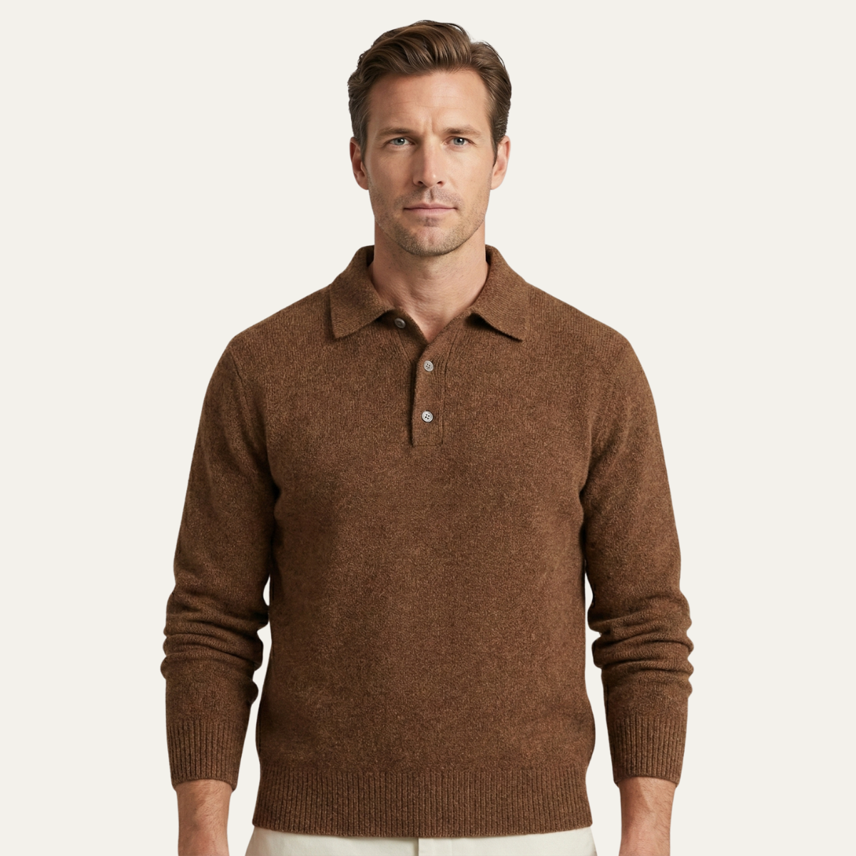 Men's soft knit polo sweater in brown with short button placket and ribbed hem
