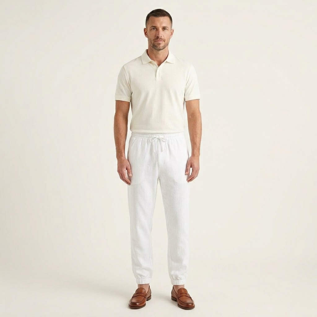 White cotton jogger pants on model with elastic waist, drawstring, and tapered cuffs