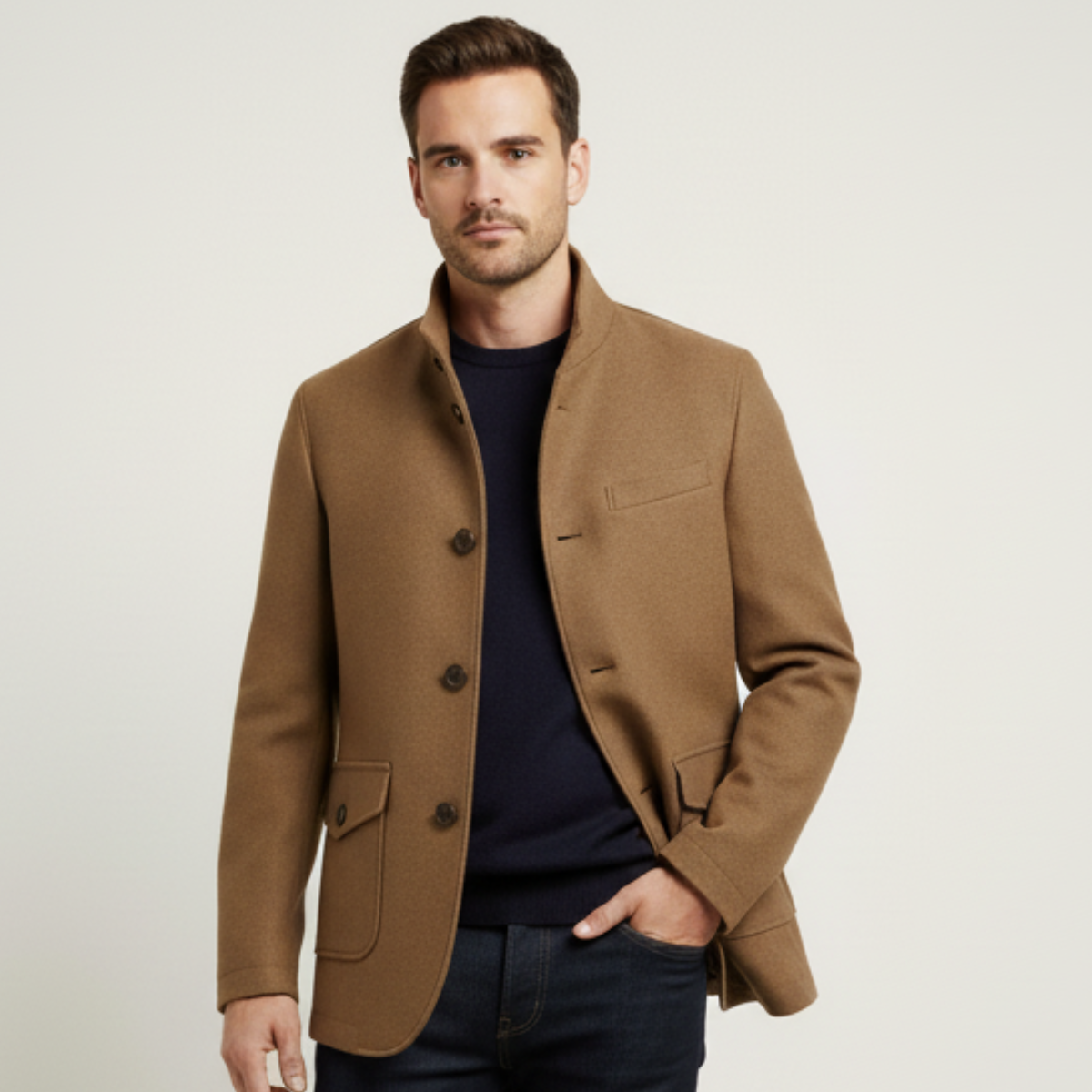 Men's tailored brown wool overcoat with stand collar, button front, and flap pockets