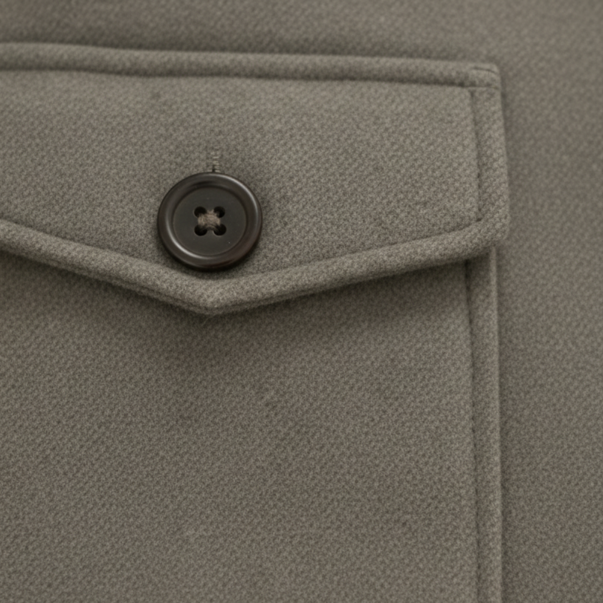 Men's gray wool overcoat close-up of flap pocket with dark button