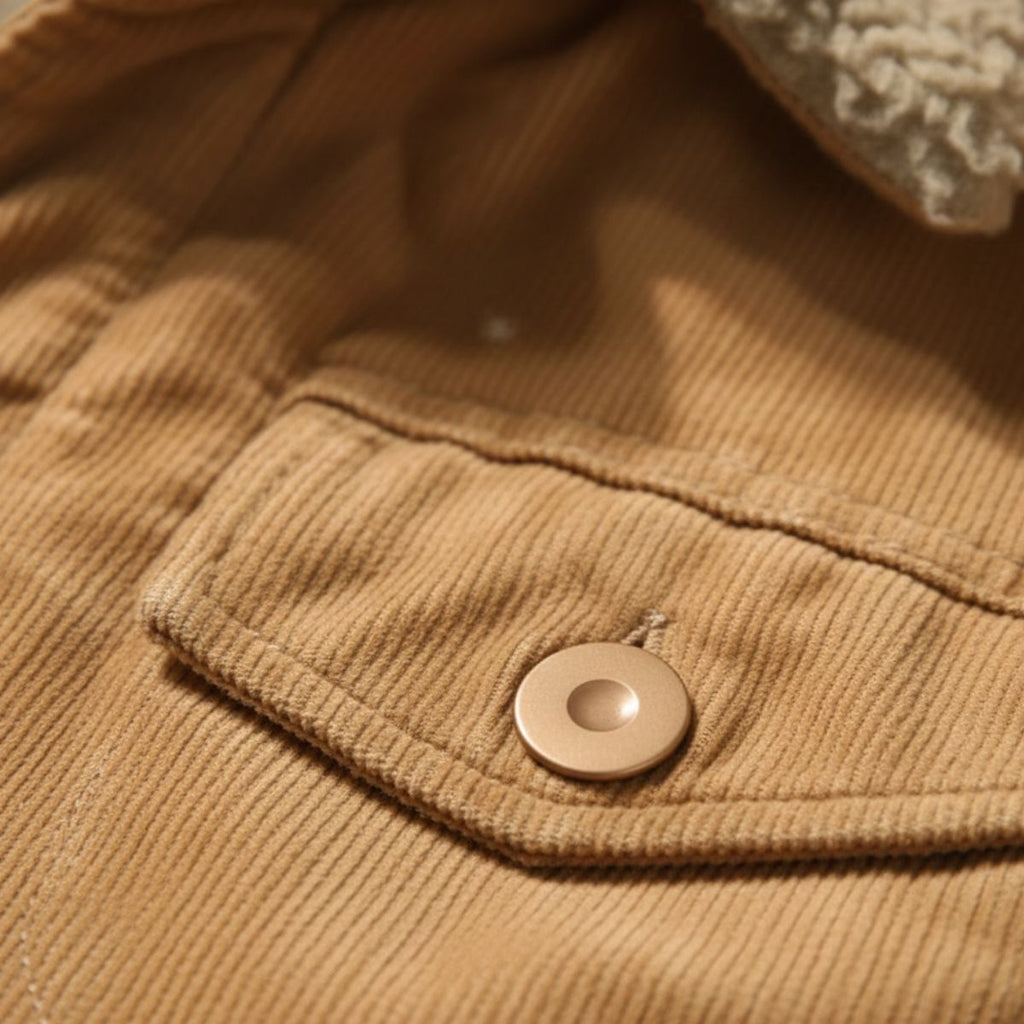 Men's corduroy winter jacket, pocket flap button in light beige with stitch detail