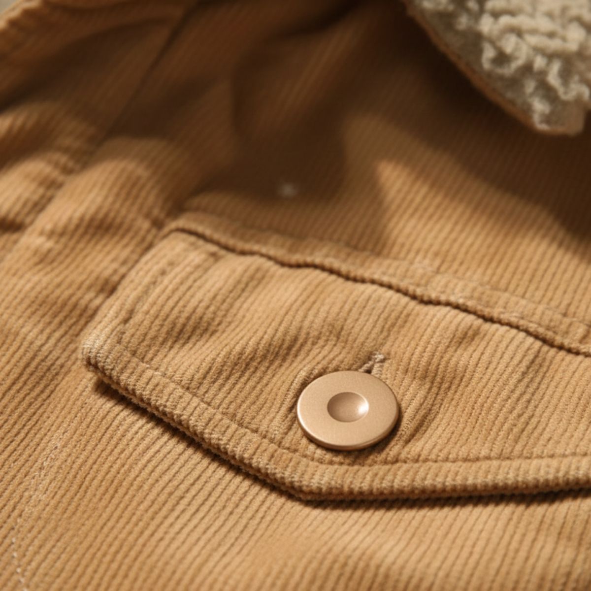 Men's corduroy winter jacket, pocket flap button in light beige with stitch detail