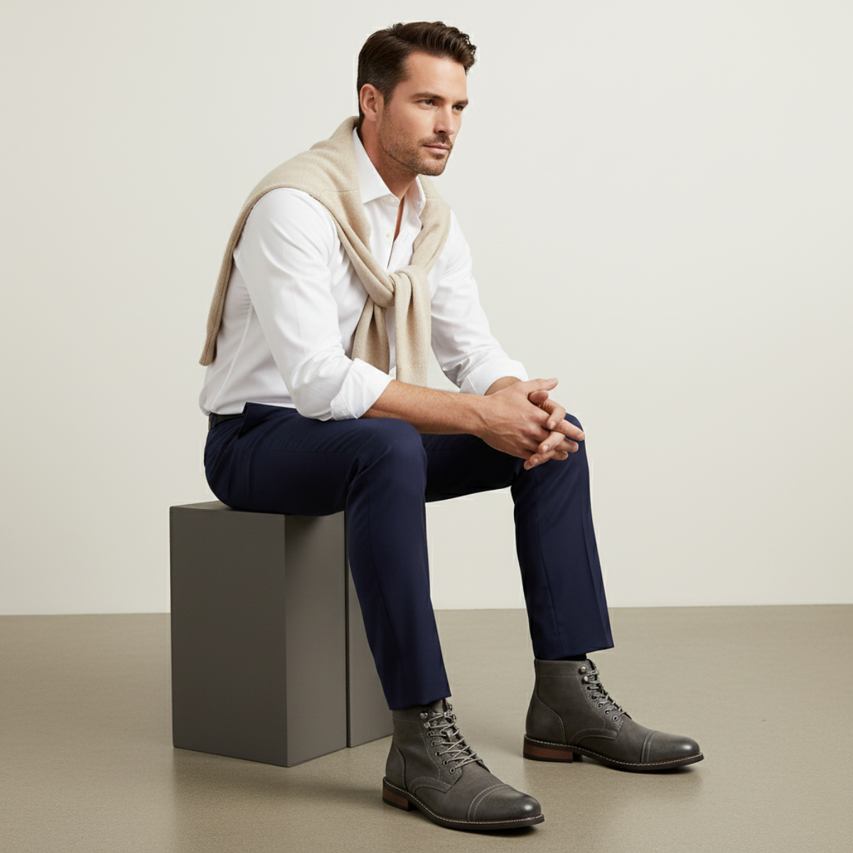 Men's lace-up ankle boots, dark gray, worn with dark pants