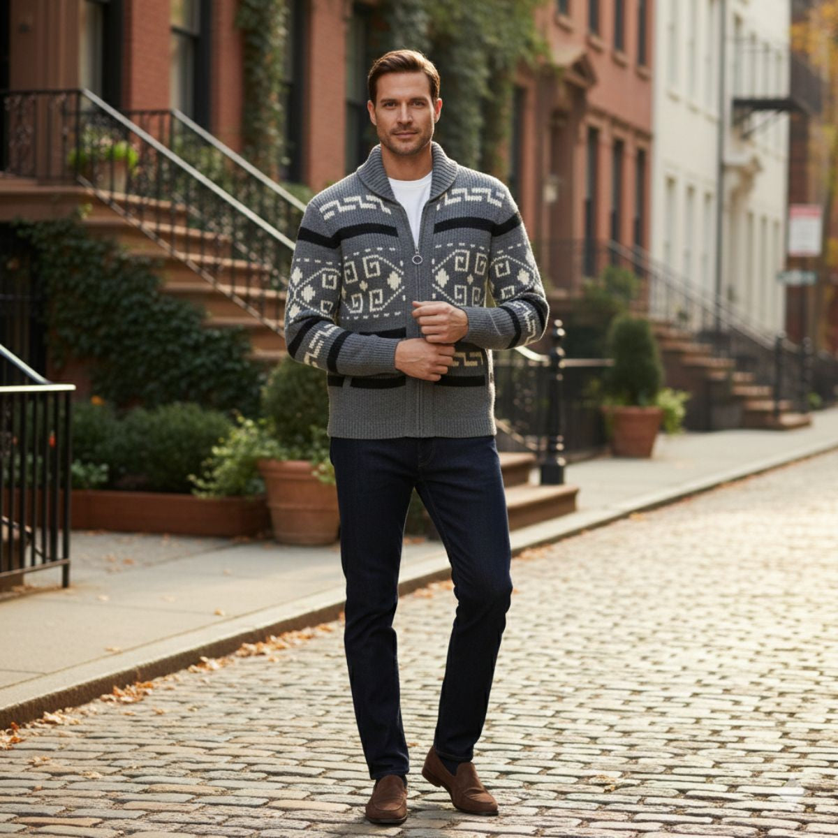 Gray zip-up shawl-collar cardigan with geometric motif knit on chest and sleeves