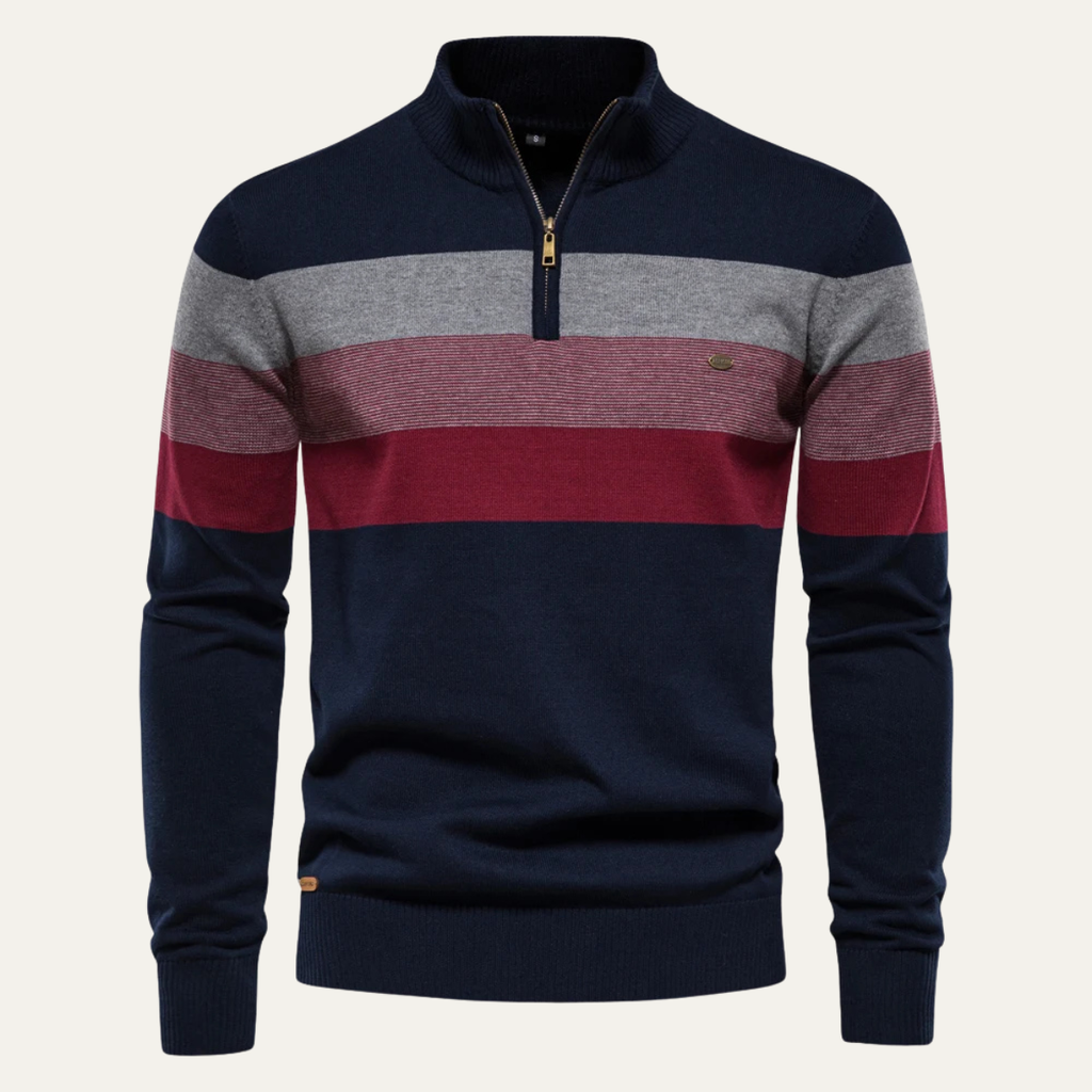 Men’s patchwork zip mock-neck sweater in navy, gray and burgundy stripe knit