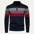 Men’s patchwork zip mock-neck sweater in navy, gray and burgundy stripe knit
