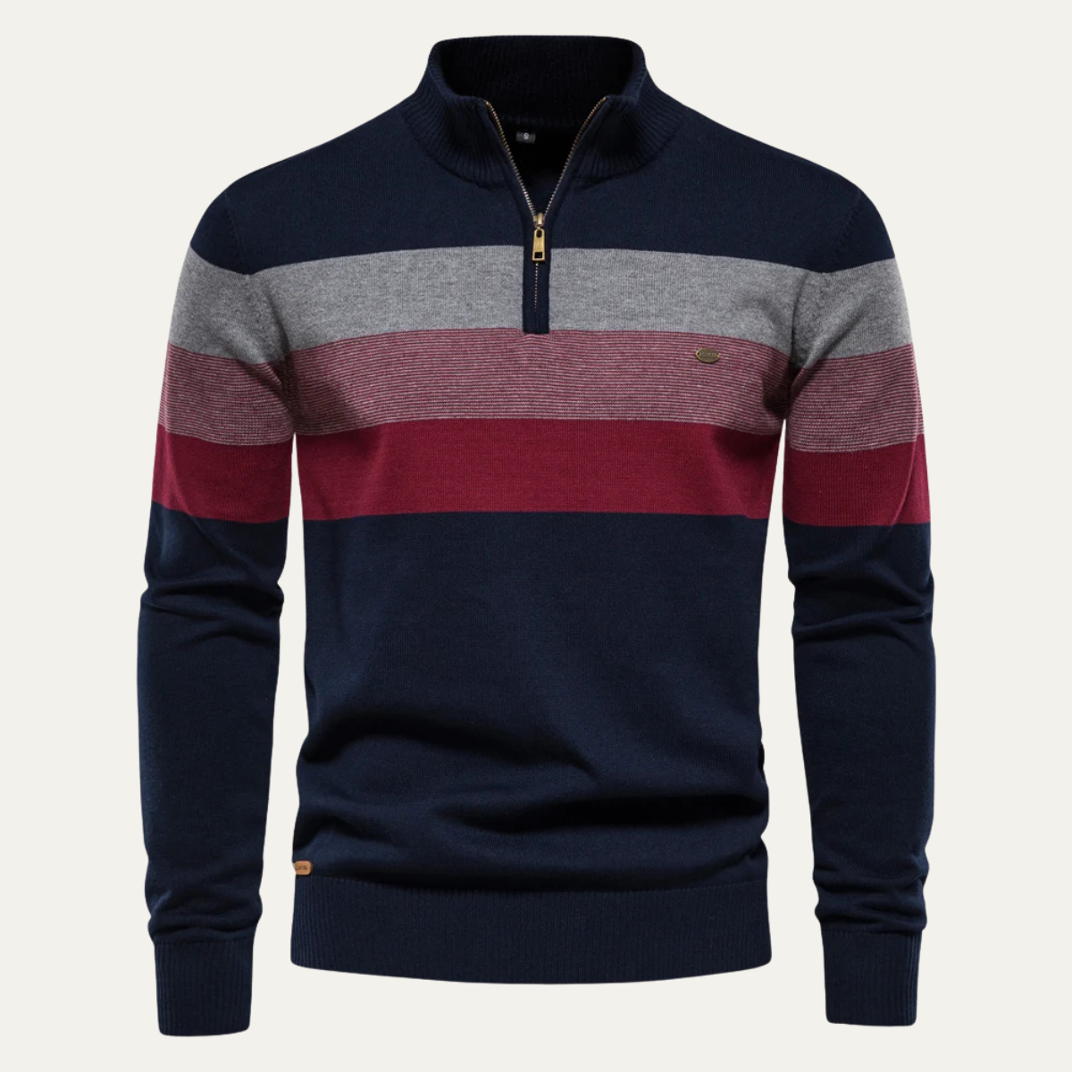 Men’s patchwork zip mock-neck sweater in navy, gray and burgundy stripe knit