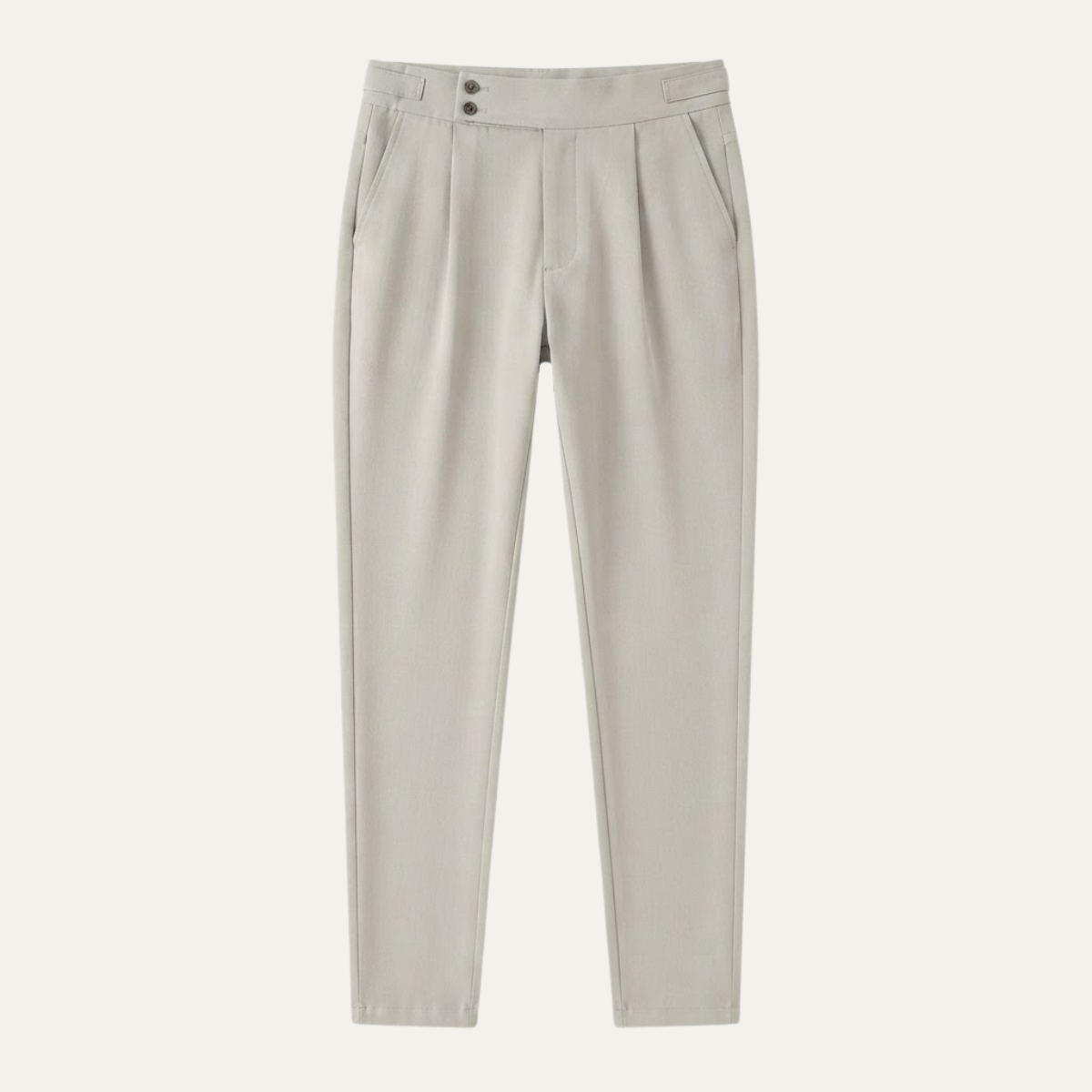 Men’s white slim-fit dress pants with belt loops and button-closure waistband