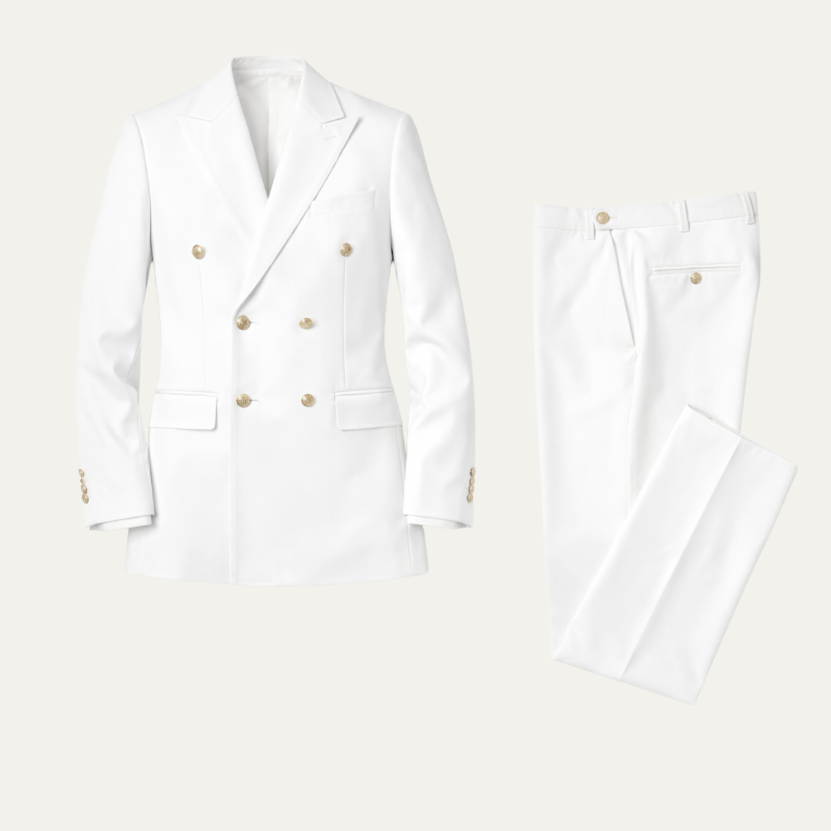 Men’s white double-breasted suit jacket and trousers, gold-button front and flat design