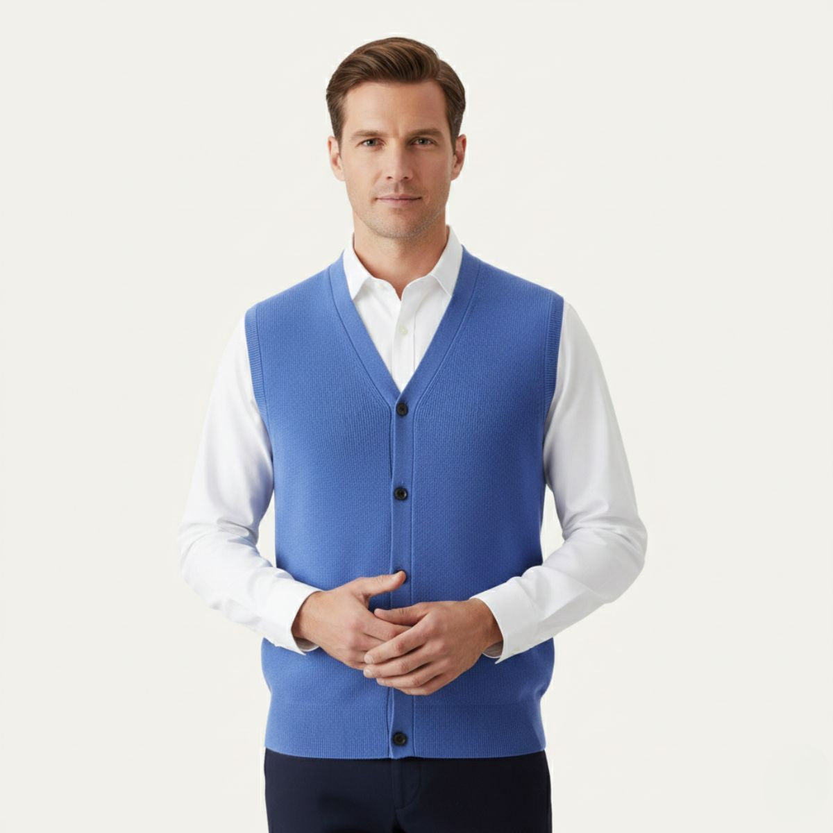 Men’s royal blue knit waistcoat sweater vest worn over a white button-up shirt.