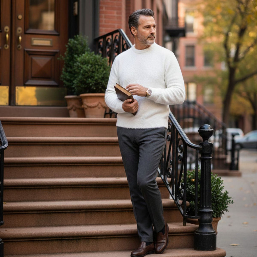 White crewneck cashmere sweater with ribbed cuffs and hem