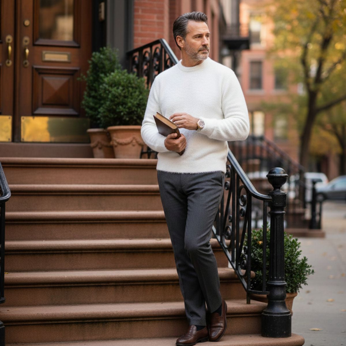 White crewneck cashmere sweater with ribbed cuffs and hem